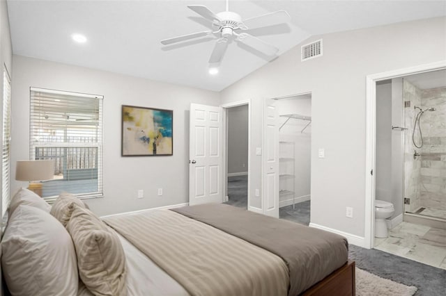 13613 Laraway Dr, Riverview, FL 33579 - bedroom with ensuite bath, vaulted ceiling, baseboards, recessed lighting, and marble finish flooring