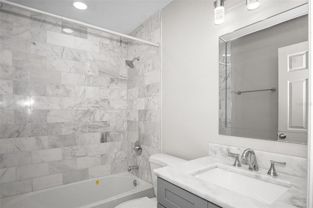 13613 Laraway Dr, Riverview, FL 33579 - bathroom featuring tub / shower combination, toilet, vanity, and recessed lighting