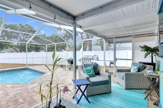 view of pool featuring an outdoor hangout area, a fenced in pool, a fenced backyard, a patio, and glass enclosure