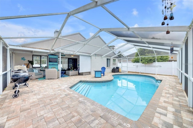 view of pool with ceiling fan, outdoor lounge area, a fenced in pool, a fenced backyard, and a patio