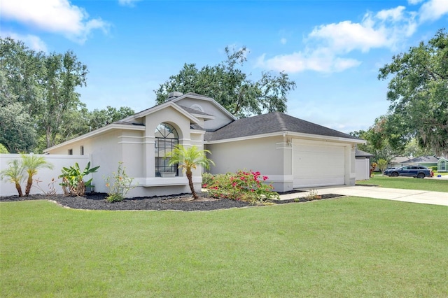 ranch-style house with a garage, stucco siding, driveway, and a front yard