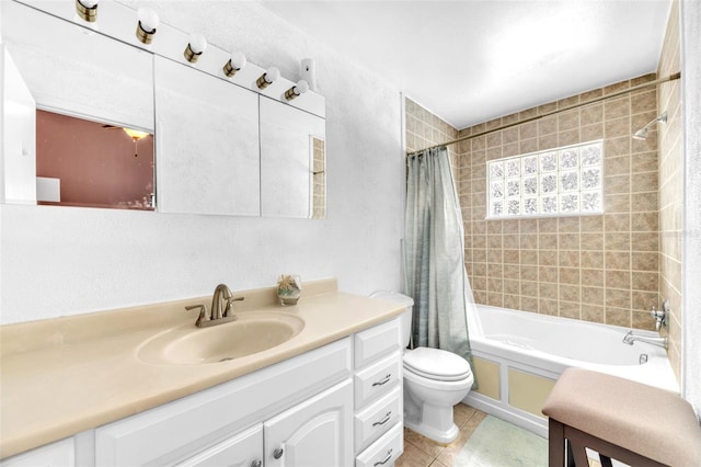 full bath with vanity, tile patterned flooring, toilet, and shower / bath combination with curtain