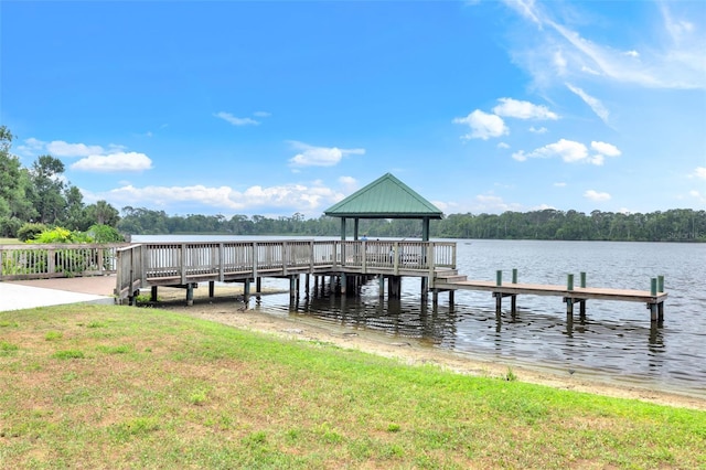 dock area featuring a gazebo and a water view