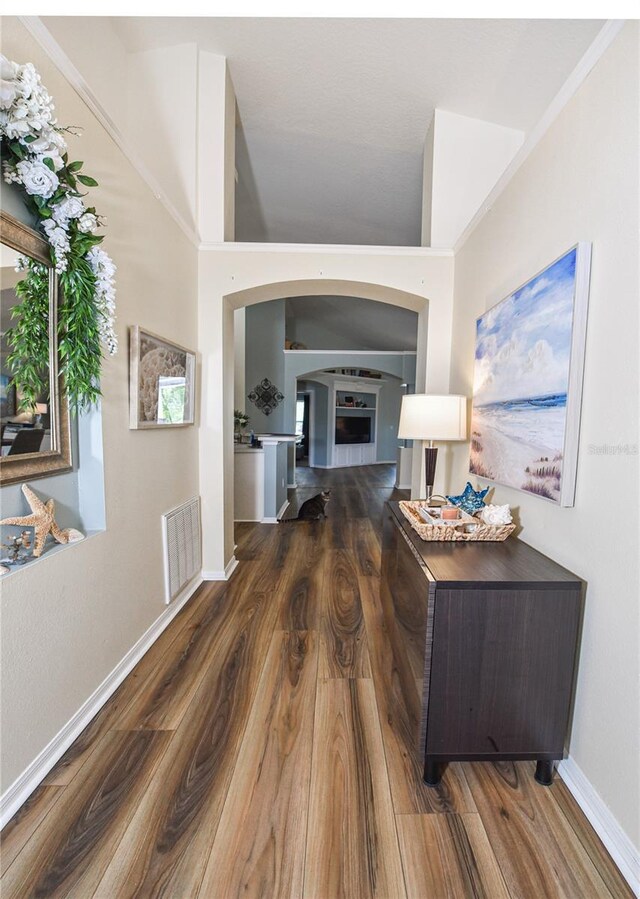2604 Clareside Dr, Valrico, FL 33596 - hall with wood finished floors, arched walkways, and baseboards