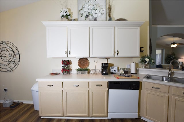 2604 Clareside Dr, Valrico, FL 33596 - kitchen with dishwasher, a sink, light countertops, a ceiling fan, and dark wood-style flooring