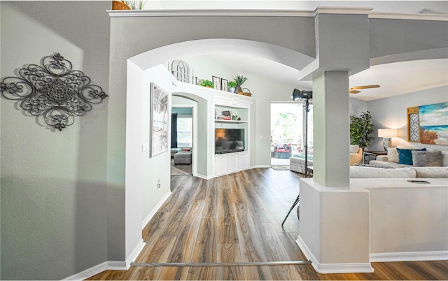 2604 Clareside Dr, Valrico, FL 33596 - living room with arched walkways, ceiling fan, wood finished floors, and baseboards
