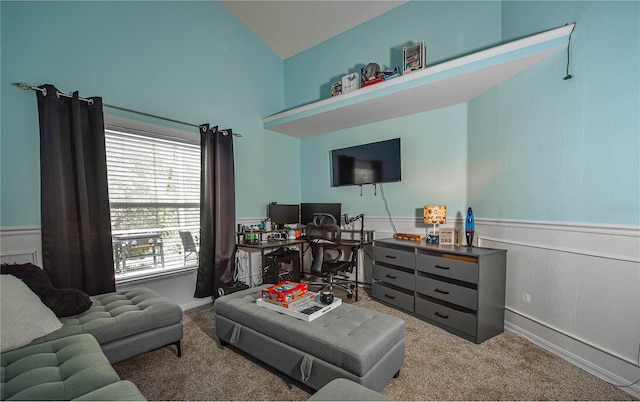 2604 Clareside Dr, Valrico, FL 33596 - carpeted living area with a desk, high vaulted ceiling, and baseboards