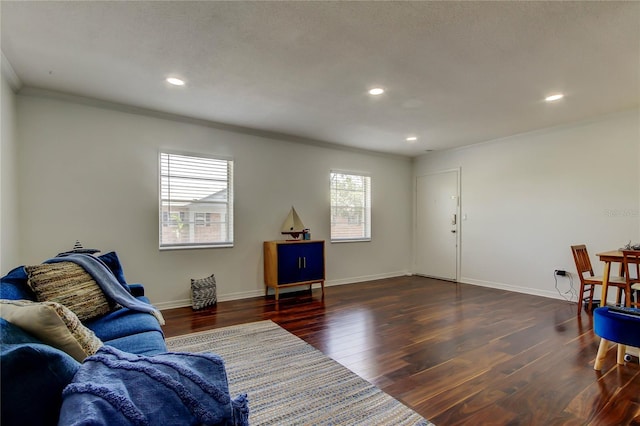 1115 Rue Des Chateaux Unit 2B, South Pasadena, FL 33707 - living area with recessed lighting, ornamental molding, baseboards, and wood finished floors