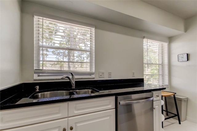 1115 Rue Des Chateaux Unit 2B, South Pasadena, FL 33707 - kitchen with white cabinets, dark countertops, a sink, and dishwasher