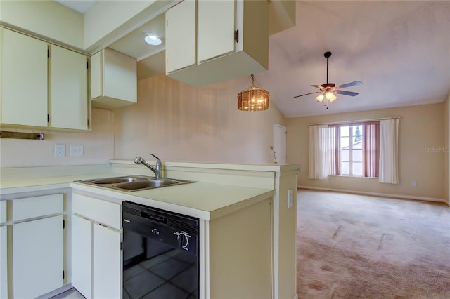 6428 Gloria Dr Unit 21, New Port Richey, FL 34653 - kitchen with ceiling fan, dishwasher, a sink, open floor plan, and light carpet