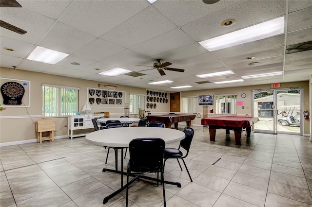 6428 Gloria Dr Unit 21, New Port Richey, FL 34653 - game room with light tile patterned flooring, baseboards, ceiling fan, a drop ceiling, and billiards