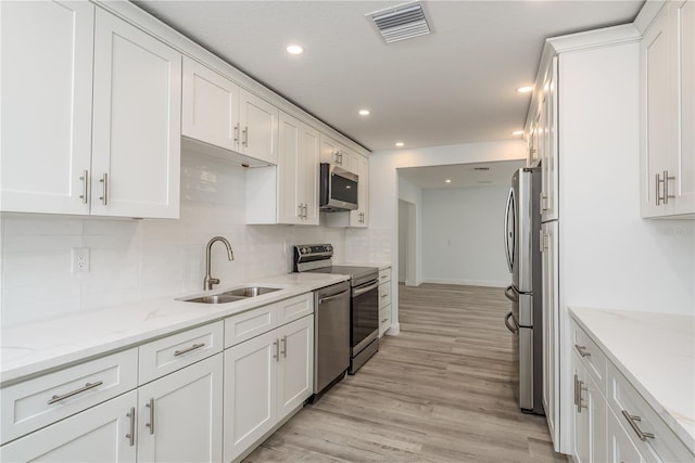 1152 Jackmar Rd, Dunedin, FL 34698 - kitchen with stainless steel appliances, a sink, white cabinets, tasteful backsplash, and light wood-style flooring