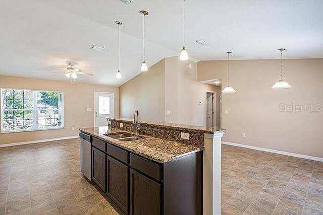 1 Pecan Course Cir, Ocala, FL 34472 - kitchen with a ceiling fan, stainless steel dishwasher, a sink, baseboards, and open floor plan