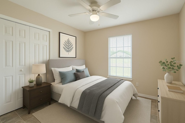 1 Pecan Course Cir, Ocala, FL 34472 - tiled bedroom featuring a closet, a ceiling fan, and baseboards
