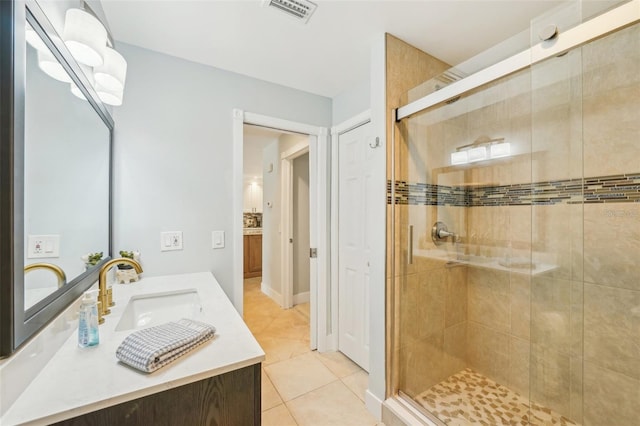full bathroom featuring a stall shower, vanity, visible vents, and tile patterned floors