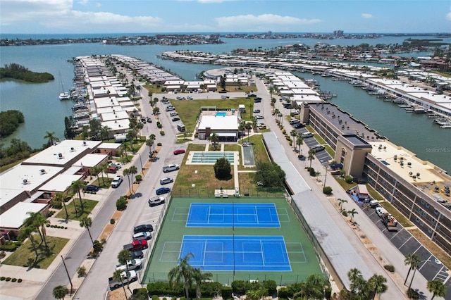 bird's eye view with a water view