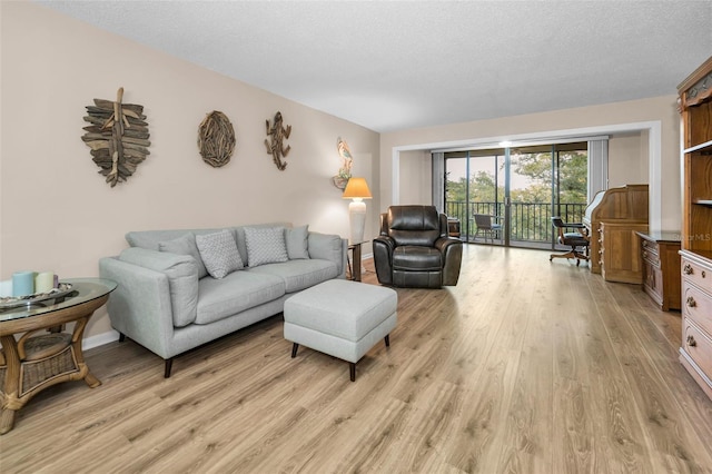 living room featuring light wood-type flooring and a textured ceiling