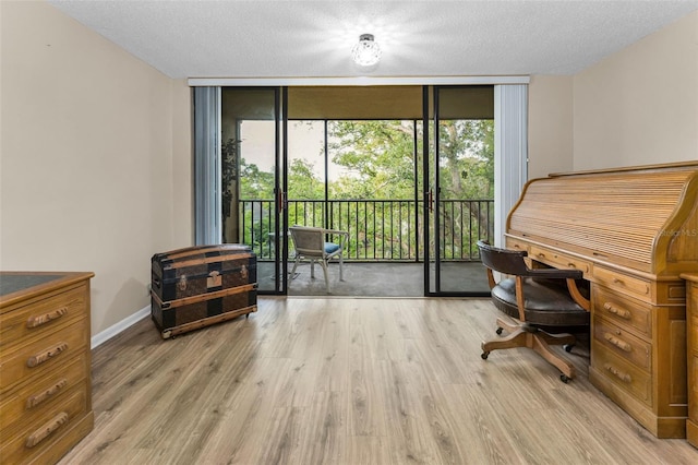office featuring a wall of windows, light wood-style flooring, baseboards, and a textured ceiling