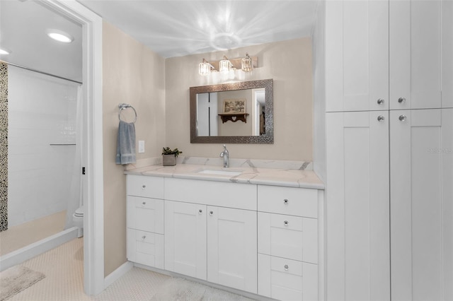 full bath with a shower, toilet, tile patterned floors, vanity, and a chandelier