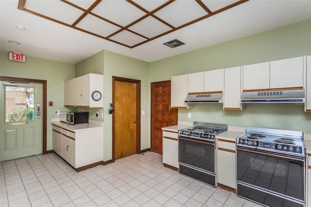 kitchen featuring range with electric cooktop, range with gas cooktop, under cabinet range hood, and stainless steel microwave