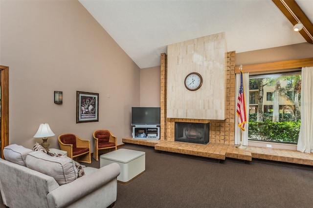 living area with high vaulted ceiling, carpet, and a fireplace
