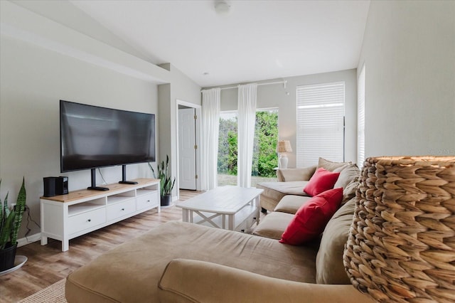 6260 Olivedale Dr, Riverview, FL 33578 - living room featuring wood finished floors, lofted ceiling, and baseboards