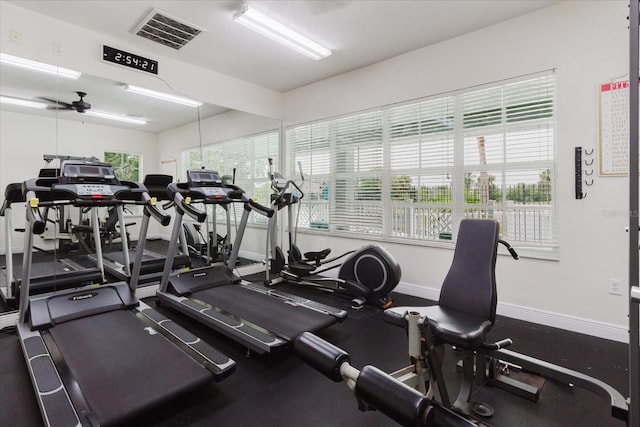 6260 Olivedale Dr, Riverview, FL 33578 - workout area featuring baseboards and a ceiling fan