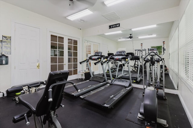 6260 Olivedale Dr, Riverview, FL 33578 - workout area with ceiling fan and french doors