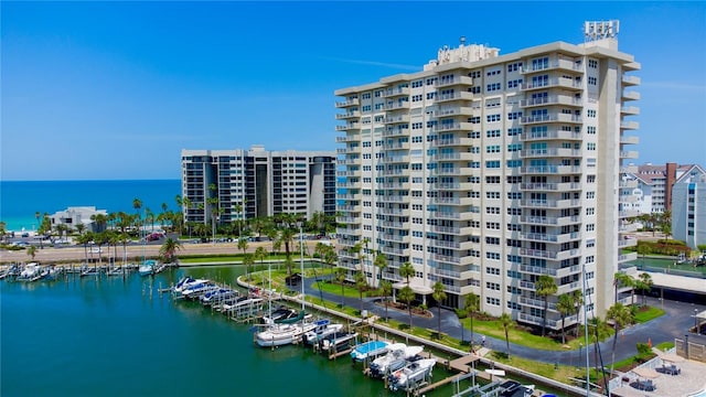 bird's eye view with a water view