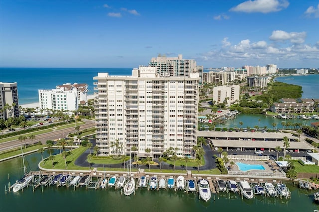 bird's eye view with a water view
