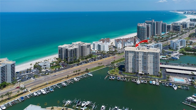 aerial view featuring a water view and a city view