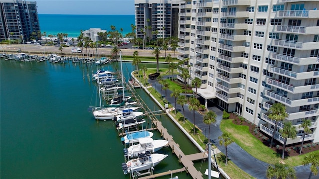 aerial view featuring a water view