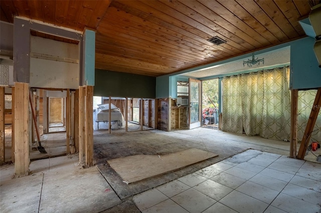interior space featuring visible vents, wood ceiling, and cooling unit