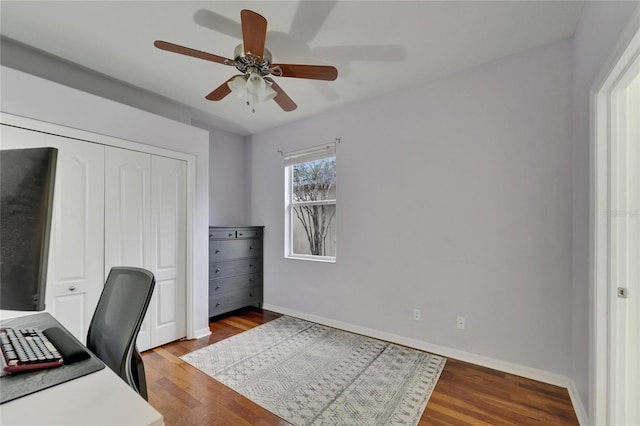 16516 Bridgewalk Dr, Lithia, FL 33547 - unfurnished office featuring baseboards, wood finished floors, and a ceiling fan