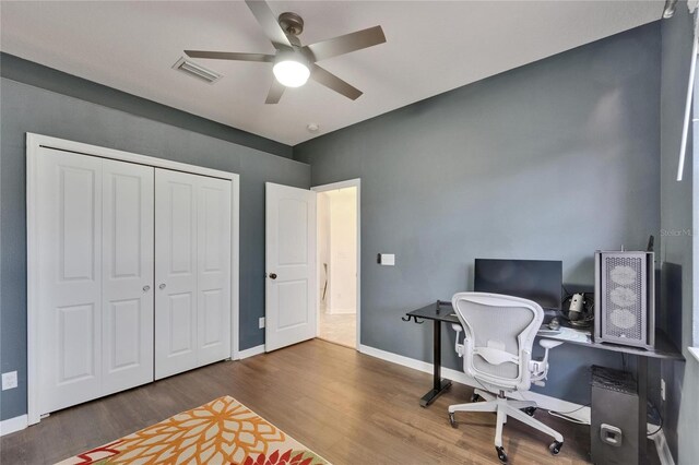 16516 Bridgewalk Dr, Lithia, FL 33547 - office with visible vents, wood finished floors, baseboards, and ceiling fan
