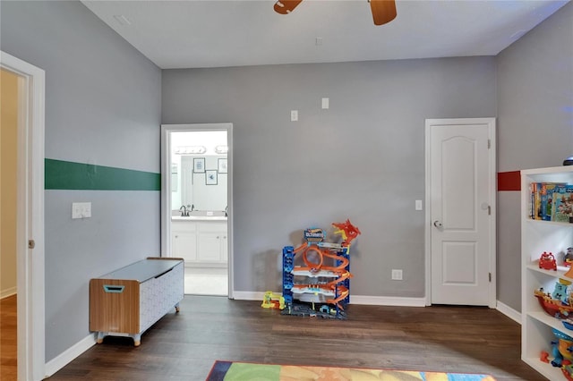 16516 Bridgewalk Dr, Lithia, FL 33547 - recreation room with baseboards, wood finished floors, and a ceiling fan