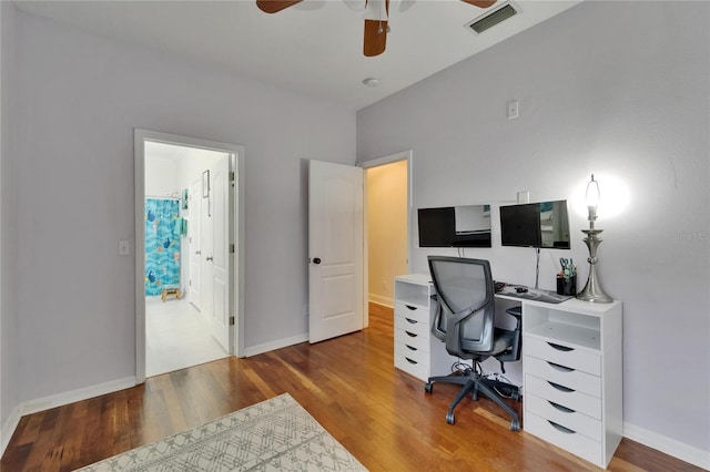 16516 Bridgewalk Dr, Lithia, FL 33547 - home office featuring baseboards, a ceiling fan, visible vents, and wood finished floors