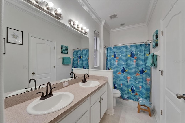 16516 Bridgewalk Dr, Lithia, FL 33547 - full bathroom featuring toilet, crown molding, a sink, and double vanity