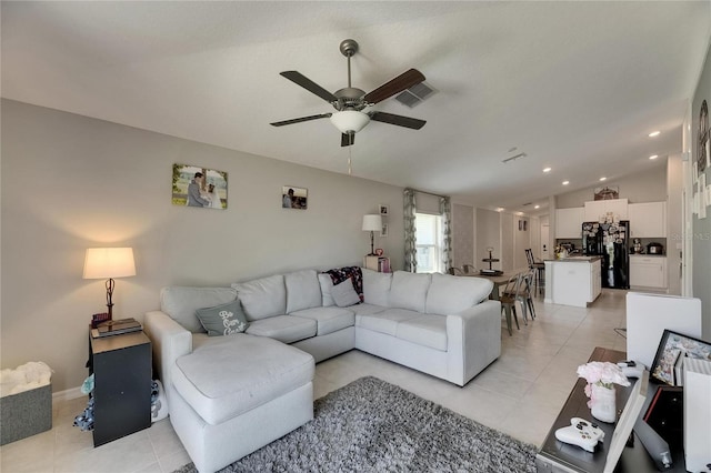 11707 Sunburst Marble Rd, Riverview, FL 33579 - living area featuring lofted ceiling, light tile patterned floors, a ceiling fan, and recessed lighting