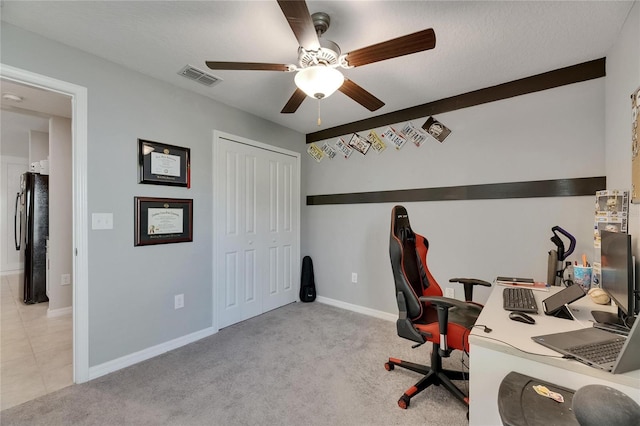11707 Sunburst Marble Rd, Riverview, FL 33579 - carpeted home office with a ceiling fan and baseboards