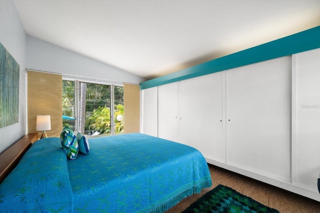 bedroom with a closet, wood finished floors, and lofted ceiling