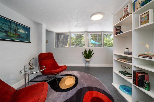 living area featuring baseboards and a textured ceiling