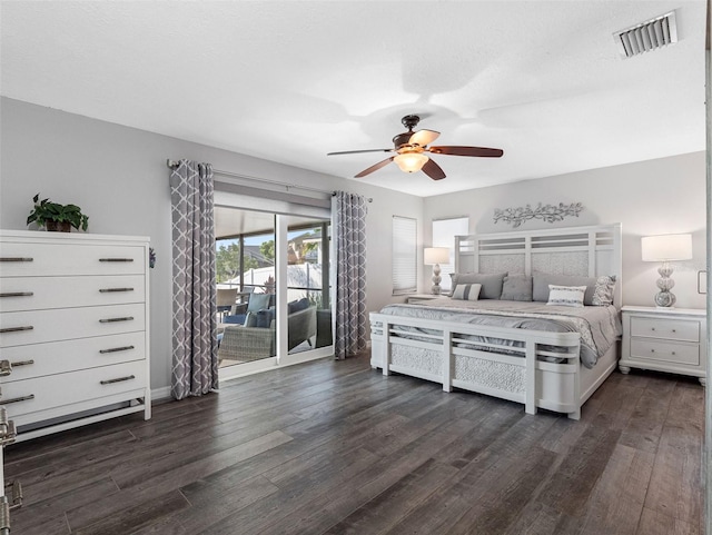 6604 Dolphin Cove Dr, Apollo Beach, FL 33572 - bedroom featuring access to outside, dark wood-type flooring, a ceiling fan, and baseboards