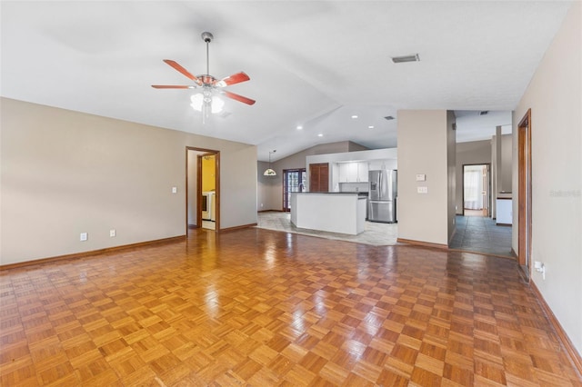 3001 Folklore Dr, Valrico, FL 33596 - unfurnished living room with lofted ceiling, a ceiling fan, and recessed lighting