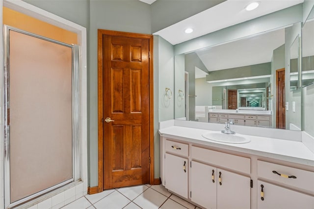3001 Folklore Dr, Valrico, FL 33596 - bathroom with a shower stall, vanity, and tile patterned flooring