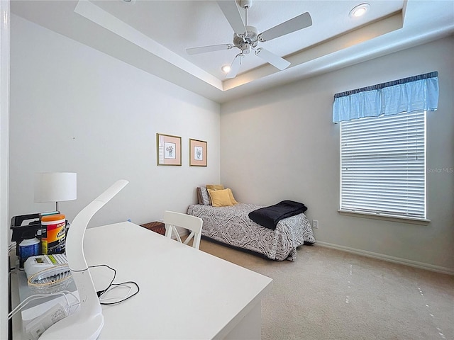 10309 Marchmont Ct, Tampa, FL 33626 - bedroom with carpet floors, a raised ceiling, recessed lighting, baseboards, and ceiling fan
