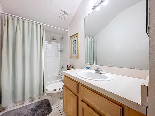 10309 Marchmont Ct, Tampa, FL 33626 - bathroom with tile patterned flooring, lofted ceiling, toilet, vanity, and shower / tub combo with curtain