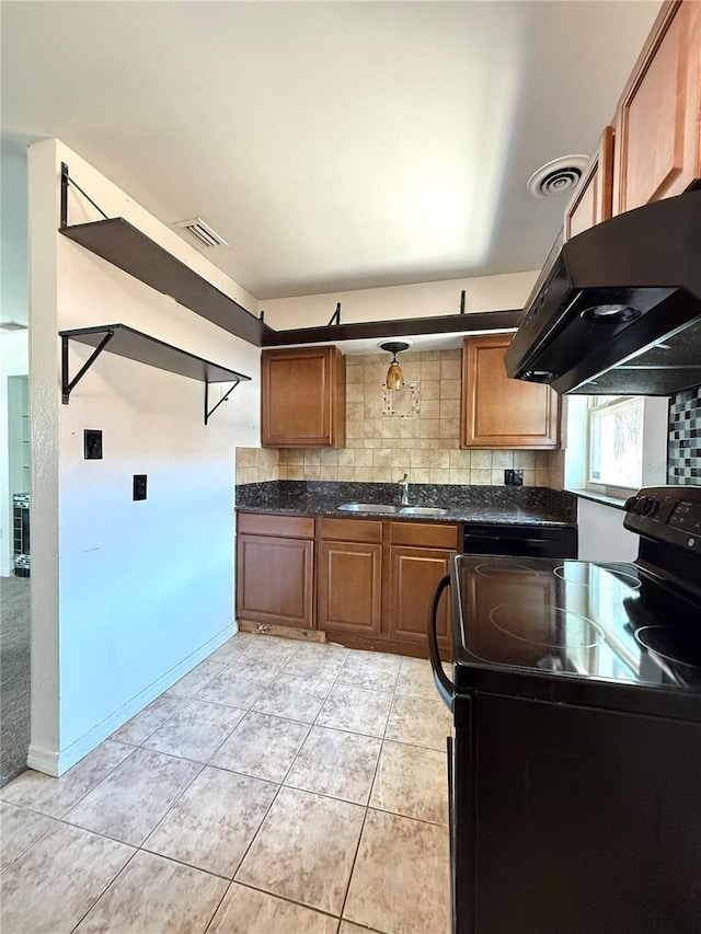 kitchen with a sink, range hood, black electric range oven, and backsplash