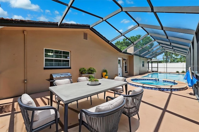 6365 32nd Ave N, Saint Petersburg, FL 33710 - view of patio featuring a grill, outdoor dining area, a pool with connected hot tub, and a lanai