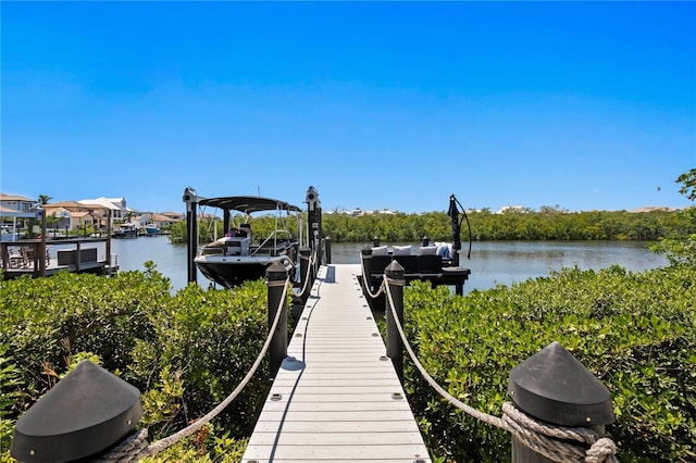 dock area featuring boat lift and a water view